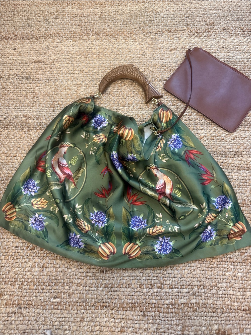 Farm Rio scarf purse Floral Parrot Satin Tote Bag - Green